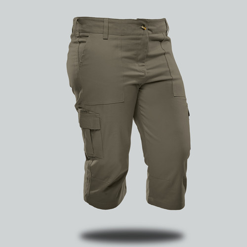 Olive green Ladies Franklin Cargo 3/4 Slacks by Azulwear in a front view, showcasing the classic bush-tone palette, tailored feminine crop fit, and functional utility pockets ideal for game lodges and safari tours across South Africa