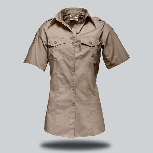 Khaki Ladies Safari Raptor Short Sleeve Shirt by Azulwear, showcasing the lightweight breathable bush shirt construction specially tailored for premium women's outdoor and field workwear across South Africa.