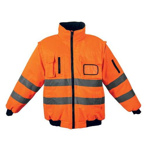 Orange Barricade Bunny Jacket from Azulwear South Africa, featuring the full front view with high-visibility silver reflective tape and heavy-duty winter insulation. Dispatched from Cape Town with courier delivery across South Africa.
