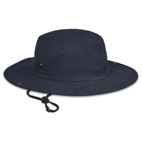 Navy blue Somabula Oilskin Hat by Urban Terrain from Azulwear, highlighting the water-resistant waxed canvas finish, wide unstructured brim with 8 rows of stitching, brass ventilation eyelets, and adjustable neck toggle cord ideal for South African safari adventures