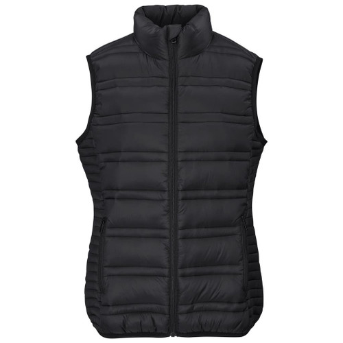 Front view of the Ladies Aurora Bodywarmer from Azulwear, available in black, navy blue, and grey. Features a unique asymmetrical quilting pattern, perfect for premium corporate uniforms and branded staff clothing