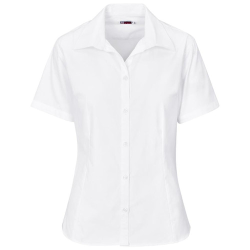 White Ladies short sleeve cotton twill Moderna shirt on a model, corporate shirts by Azulwear South Africa. Features an open neck collar, curved hem, and custom embroidery options.