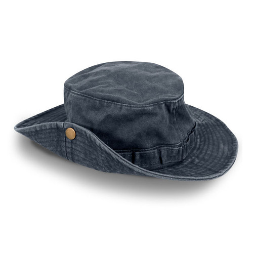 Navy blue Safari Hat Stone Wash from Azulwear, highlighting the rugged stone-washed breathable cotton finish, wide brim, and metal buttons on the snap-up sides ideal for South African outdoor adventures.