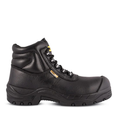 Black REBEL Jigga Work Boot by Azulwear, showcasing the rugged ankle-support leather build and high-traction safety sole engineered for heavy-duty industrial work environments in Cape Town, South Africa.