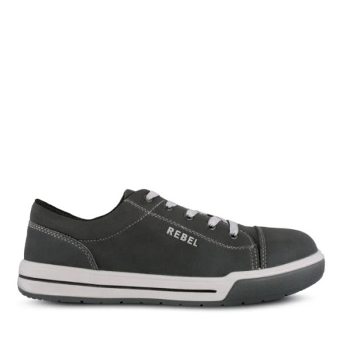 Charcoal REBEL Lo Top Safety Shoe by Azulwear, showcasing the low-cut protective textile layer and rugged slip-resistant grip engineered for modern warehouse safety in Cape Town, South Africa.
