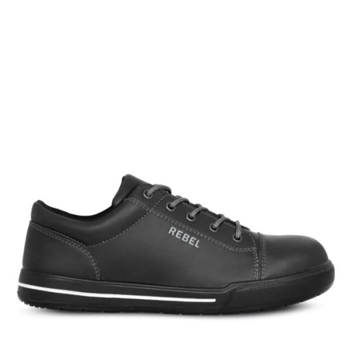 Black REBEL Lo Top Safety Shoe by Azulwear, showcasing the low-cut protective textile layer and rugged slip-resistant grip engineered for modern warehouse safety in Cape Town, South Africa.