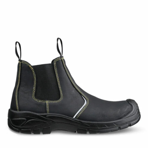 Black REBEL Anvil Chelsea Boot by Azulwear, showcasing the premium pull-on leather safety footwear design engineered for effortless daily work site protection in Cape Town, South Africa.