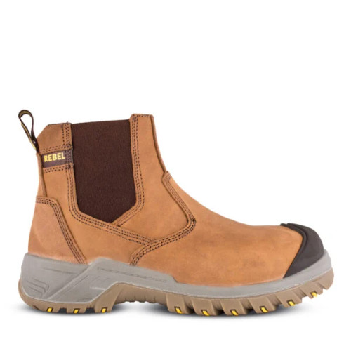 Tan REBEL Crazy Horse Premium Leather Safety Boot by Azulwear, showcasing the rugged oil-treated pull-up leather texture and heavy-duty protective sole engineered for demanding work environments in Stellenbosch.