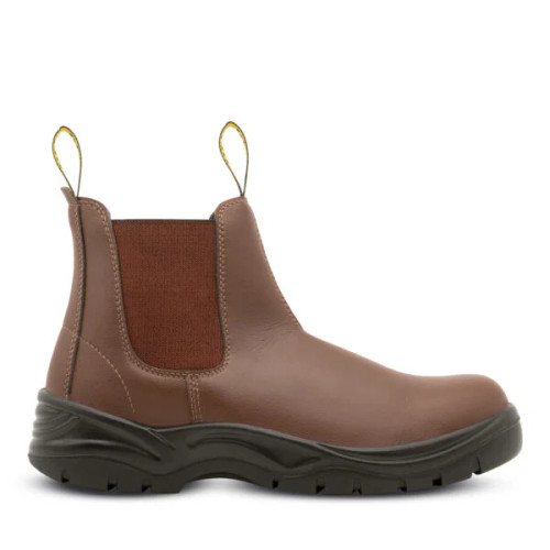 Brown REBEL FX2 Chelsea Slip On Leather Safety Boot by Azulwear, showcasing the premium pull-on elasticated leather profile and protective steel toe cap engineered for effortless daily warehouse safety in Cape Town.
