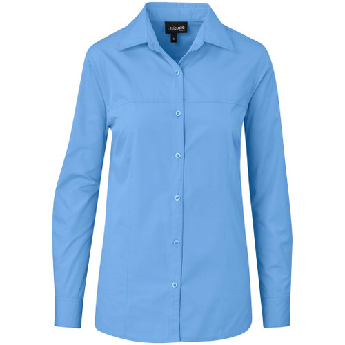 Sky Blue Ladies Empire Long Sleeve Shirt corporate clothing with custom branding by Azulwear, delivering to Johannesburg, South Africa.
