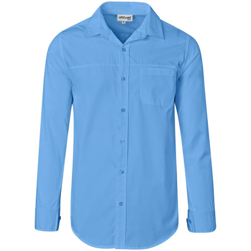 Mens Sky Blue Men's Long Sleeve Empire Shirt made from lightweight 135g polycotton poplin fabric, designed for smart corporate wear, hospitality uniforms, and promotions across South Africa.