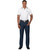 Model wearing the classic standard-fit US Basic Men's Sierra Jeans featuring contrast stitching, a traditional 5-pocket design, and a button closure, ideal for professional casual environments by Azulwear.