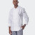 Front view of the White Maison Long Sleeve Chef Jacket by Azulwear, detailing the crisp white fabric, traditional double-breasted layout, and professional mandarin collar engineered for premium chef wear in South Africa.