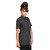 Model wearing the Charcoal and Black Duchess Madri Top featuring an elegant oriental design with contrasting piping and back darts, ideal for South African wellness and medical staff.