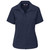 Navy Ladies short sleeve cotton twill Moderna shirt on a model, corporate shirts by Azulwear South Africa. Features an open neck collar, curved hem, and custom embroidery options.