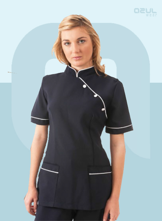 Mandarin Collar Black Nurse Uniform Dress Event Women's Mandarin Collar  Asymmetric Tunic Black Peacock