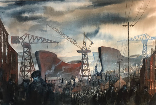 Mixed Media Watercolour by  Artist Ben Haslam depicting ghostly images depicting the loss of Shipyard industry in the united Kingdom.