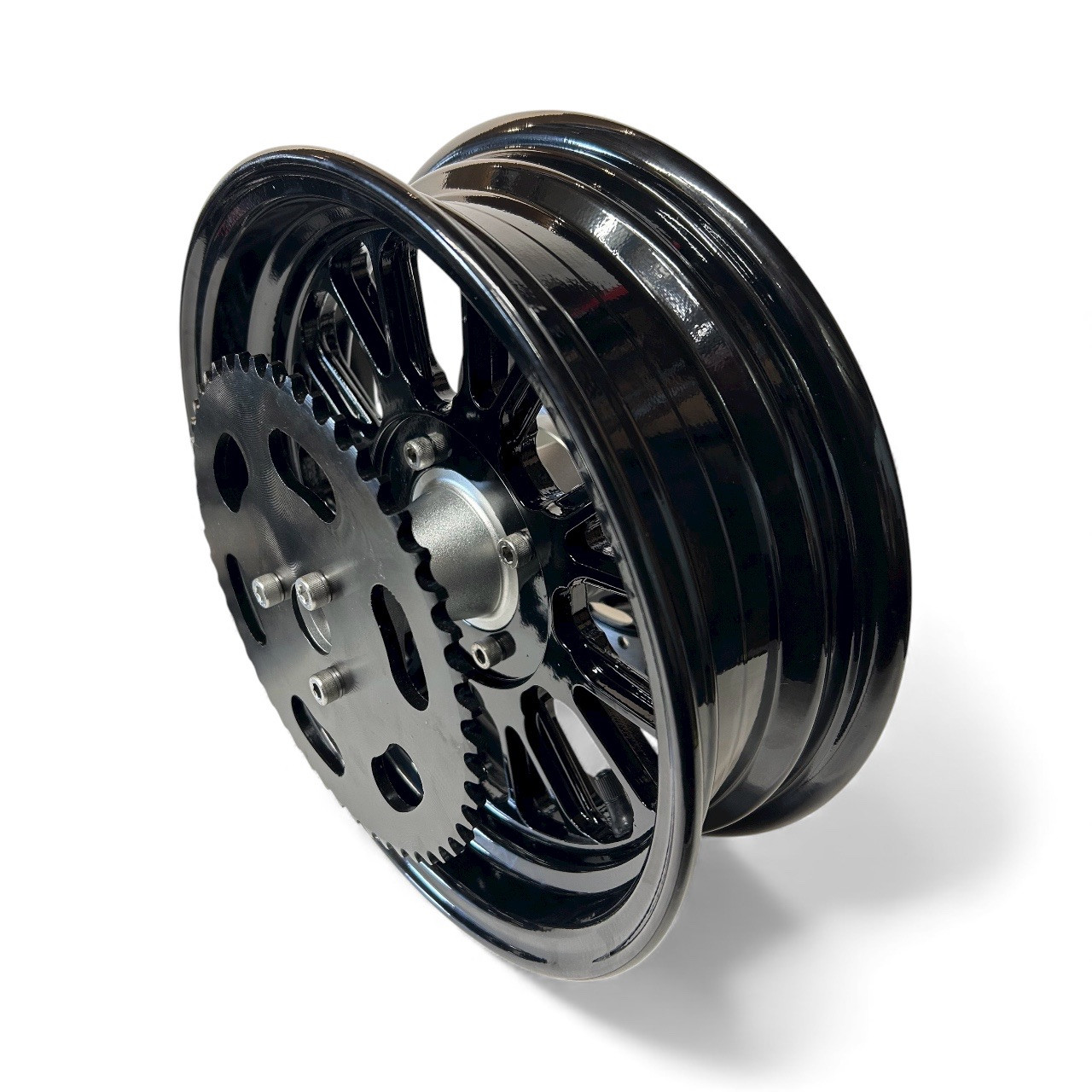 12 inch wheel set. 3.5 inch wide Rear. 2.75 inch wide front. 50 tooth 420 sprocket and 8.5 inch diameter rotor included. 15mm or 12mm Hubs available.