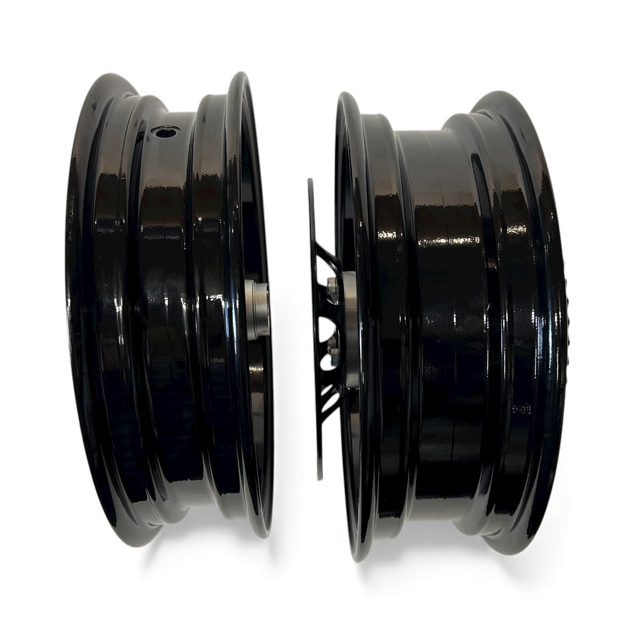 12 inch wheel set. 3.5 inch wide Rear. 2.75 inch wide front. 50 tooth 420 sprocket and 8.5 inch diameter rotor included. 15mm or 12mm Hubs available.