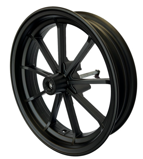 12 inch 2.75 wide Front aluminum wheel. 12 mm bearings Black