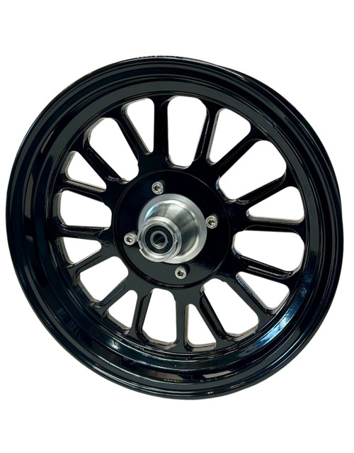 12 Inch Machined Aluminum Front Wheel and Hub BLACK with silver hub.  