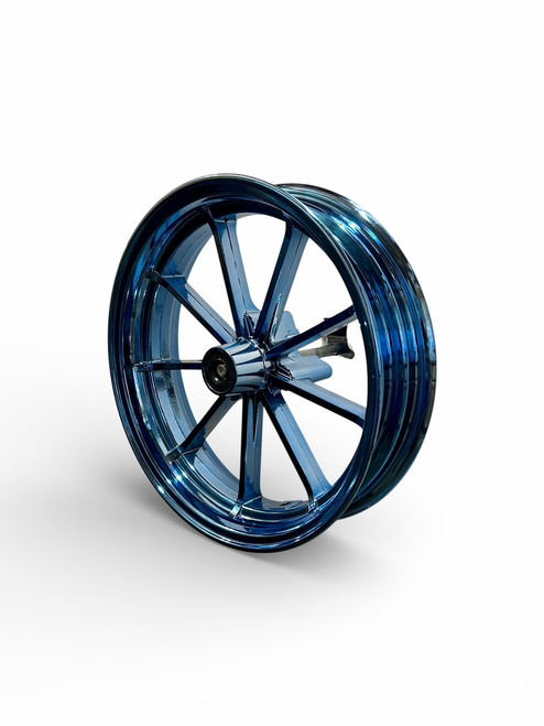 12 inch 2.75 wide Front aluminum wheel. 12 mm bearings Blue Chrome Look.