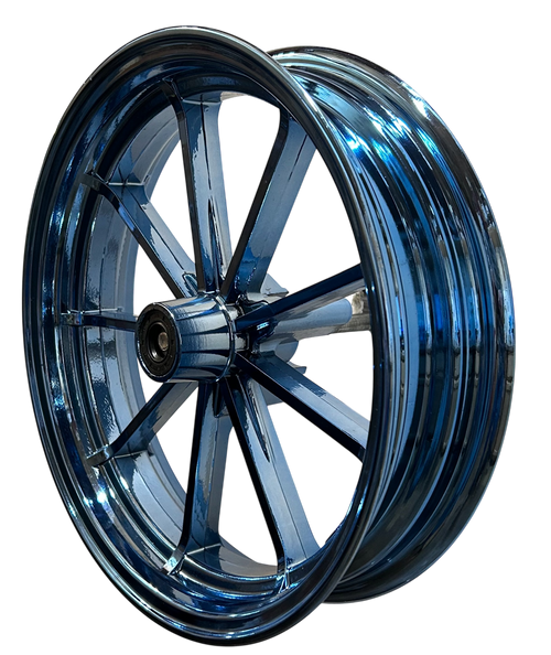 12 inch 2.75 wide Front aluminum wheel. 12 mm bearings Blue Chrome Look.