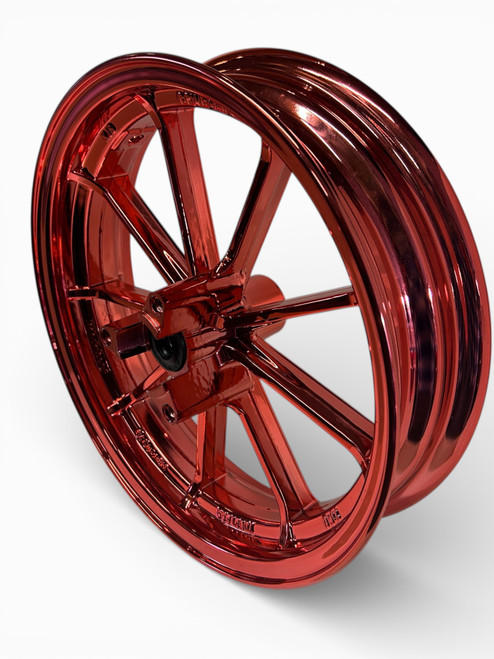  12 inch 2.75 wide Front aluminum wheel. 12 mm bearings RED Chrome Look.