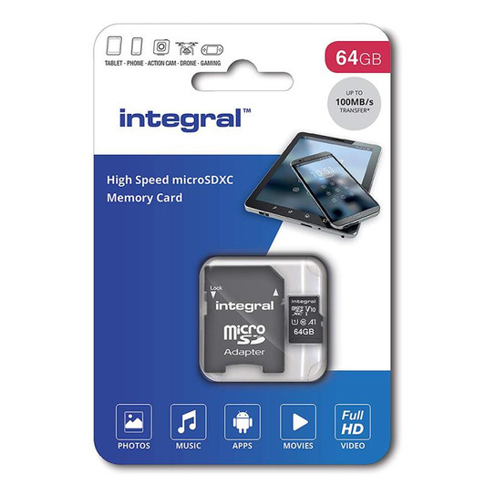 Integral INMSDX64G10 Micro SD Card 64GB with SD Adapter - Class 10