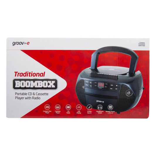 Groov-e GVPS833BK Traditional Boombox Portable CD & Cassette Player with Radio - Black