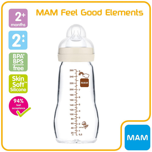 MAM Feel Good Glass Ergonomic Bottle│Includes Medium Flow Teat│Unisex│260ml│2m+