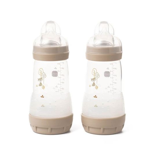 MAM Easy Start Colours of Nature Self Sterilising Anti-Colic Baby Bottle (2 x 260 ml Foxes), Medium Flow MAM Teats Size 2, Reduced Colic Baby Bottle , Newborn Essentials