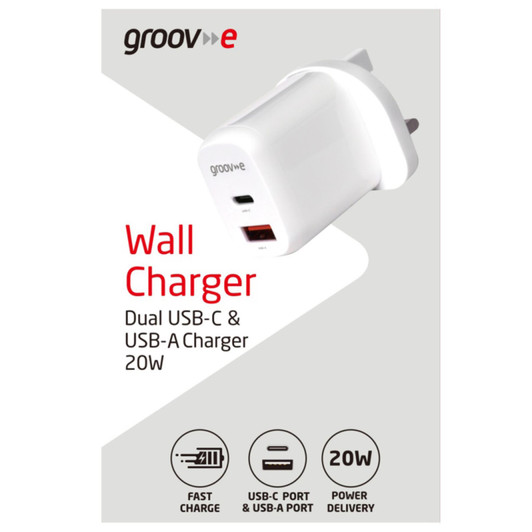 Groov-e GVMA105WE Dual USB-C & USB-A Mains Charger 20W Power Delivery - White