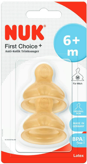 NUK First Choice+ Baby Bottle Teat, 6-18 Months, Latex with Medium Feed Hole, Anti-Colic, 2 Count