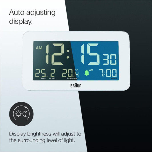 Braun BC10W Digital Alarm Clock with Date, Month and Temperature - White