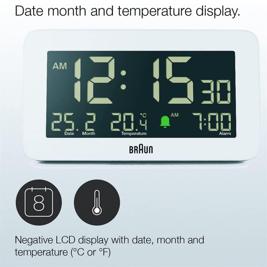 Braun BC10W Digital Alarm Clock with Date, Month and Temperature - White