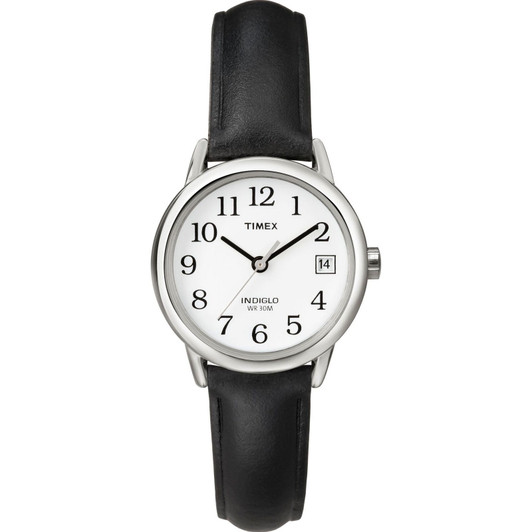 Timex T2H331 Womens Easy Reader White Dial Leather Strap Watch-Black/Silver