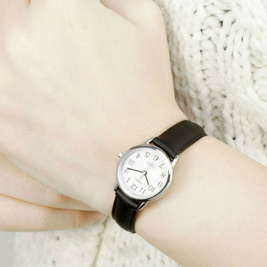 Timex T2H331 Womens Easy Reader White Dial Leather Strap Watch-Black/Silver