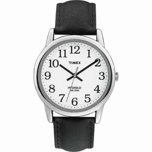 Timex Mens T20501 Easy Reader Watch Analogue Display Black Leather Strap White