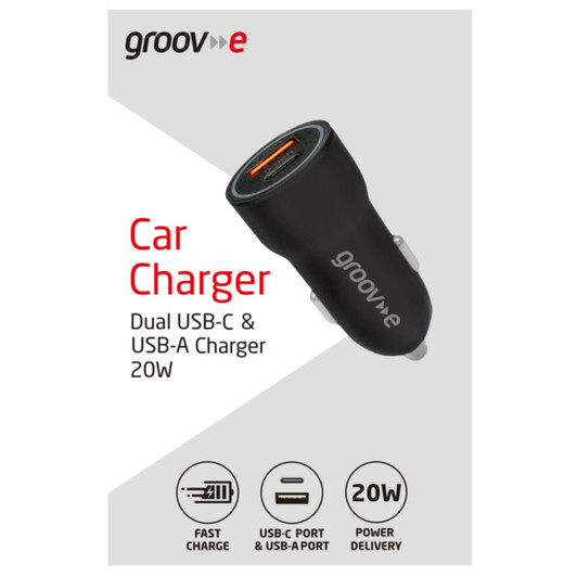 Groov-e GVMA124BK Dual USB-C & USB-A Car Charger Fast Charge 20W Power Deliery