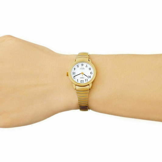 Timex Women's T2H351 Quartz Watch White Dial Analogue Display Gold Plate Expande