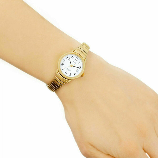 Timex Women's T2H351 Quartz Watch White Dial Analogue Display Gold Plate Expande