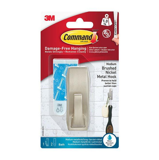 3M Command Bathroom Medium Modern Satin Nickel Metal Hook│Damage-Free│Easy Apply