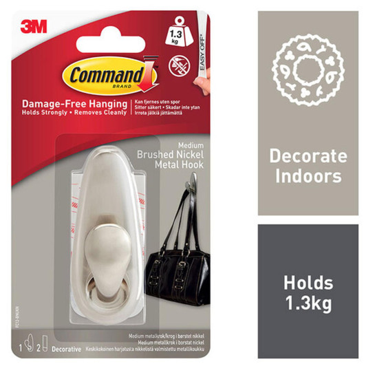 3M Command Medium Metal Hook Brushed Nickel Finish│Holds Strongly│Easy to Apply