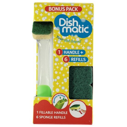 Dishmatic Washing Up Fillable 1 Handle & 6 Refills Sponge Pack Brush Scourer