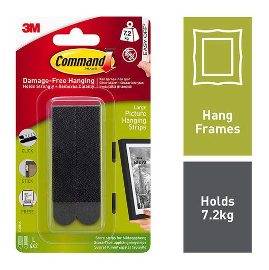 3M Command Large Picture Strips Black 4pk│Hang Frames│Holds Strongly 7.2kg│Black