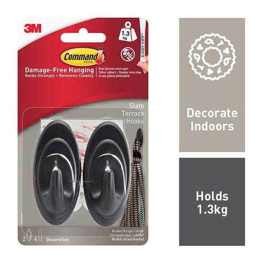 3M Command Slate Terrace Hooks│Damage Free Hanging│Hold Strongly 1.3kg│2pk│Black