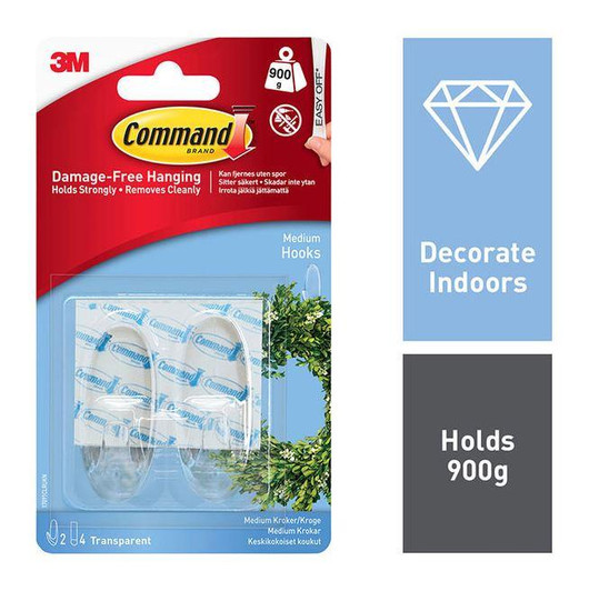 3M Command Medium 2 Clear Hooks with 4 Clear Adhesive Strips│Damage Free Hanging