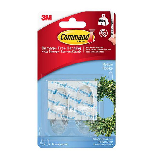 3M Command Medium 2 Clear Hooks with 4 Clear Adhesive Strips│Damage Free Hanging