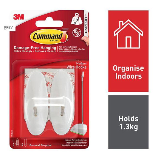 3M Command 2 Medium General Purpose Wire Hanging Hooks, Holds Up to 1.3Kg│17068